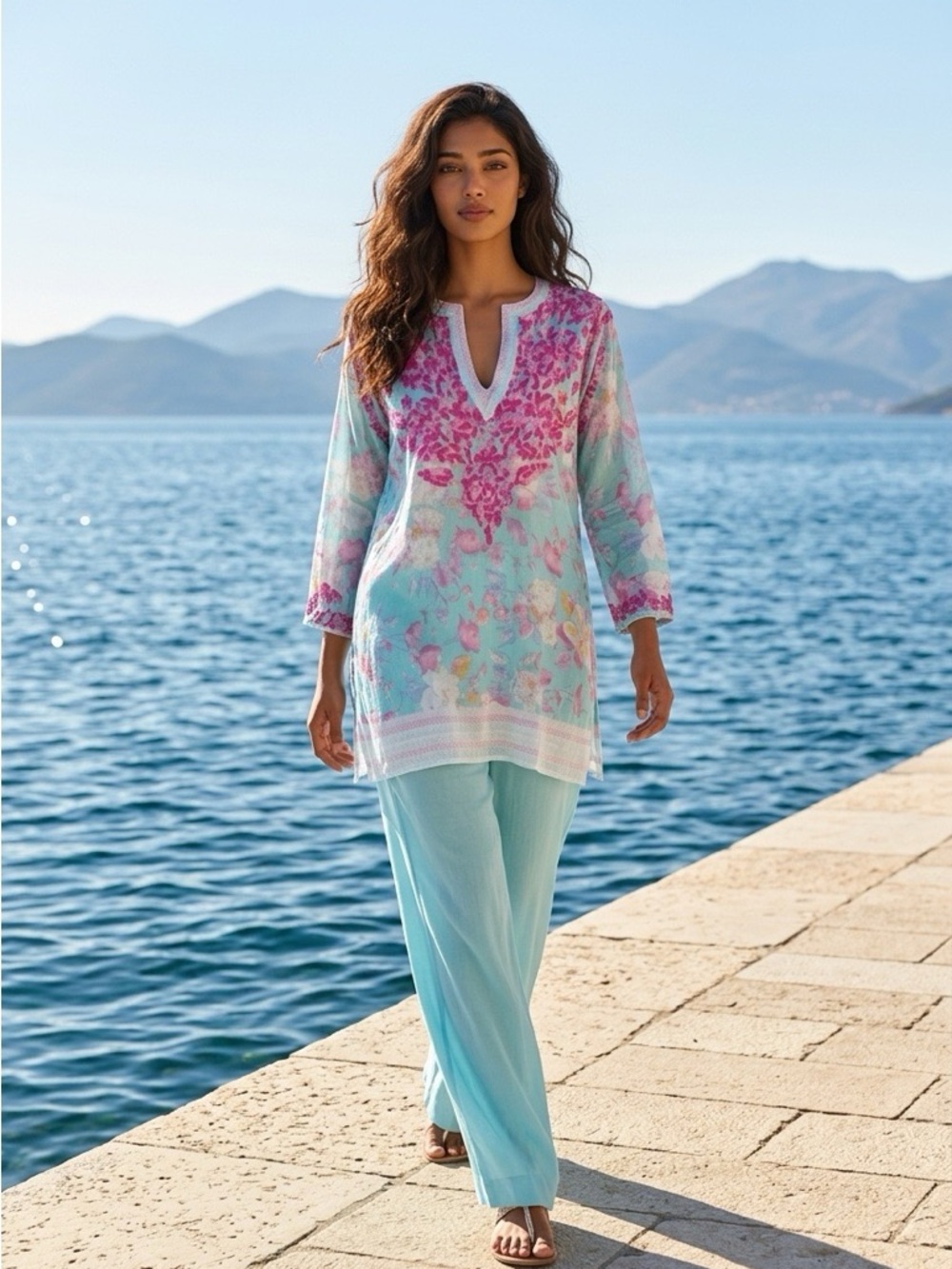 Maya Mint Tunic with Pink Floral Detail